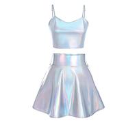 IMEKIS Women's Alien Costume Rave Outfit Carnival Shiny Metallic Crop Top with Mini Skirt 2-Piece Disco Dance Clubwear Halloween Facshing Theme Party Outfit