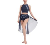 IMEKIS Women's Ballet Lyrical Dance Costume Outfit Sleeveless Sequin Floral Halter Neck Crop Top and High Low Skirt Two Pieces Modern Contemporary Dancewear Navy Blue M