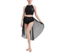 IMEKIS Women's Ballet Lyrical Dance Costume Outfit Sleeveless Sequin Floral Halter Neck Crop Top and High Low Skirt Two Pieces Modern Contemporary Dancewear Black S