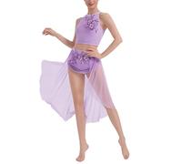 IMEKIS Women's Ballet Lyrical Dance Costume Outfit Sleeveless Sequin Floral Halter Neck Crop Top and High Low Skirt Two Pieces Modern Contemporary Dancewear Purple L
