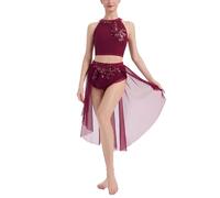 IMEKIS Women's Ballet Lyrical Dance Costume Outfit Sleeveless Sequin Floral Halter Neck Crop Top and High Low Skirt Two Pieces Modern Contemporary Dancewear Burgundy M