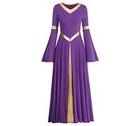 IMEKIS Women's Liturgical Praise Dress Metallic Splicing Lyric Dance Dresses Long Sleeve V-Neck Casual Long Pleated Skirt Leisure Dress Church Worship Prayer Dresses Ballroom Dancewear - Purple - M