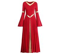 IMEKIS Women's Liturgical Praise Dress Metallic Splicing Lyric Dance Dresses Long Sleeve V-Neck Casual Long Pleated Skirt Leisure Dress Church Worship Prayer Dresses Ballroom Dancewear - Red - L
