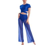 IMEKIS Women's Lyrical Dance Costume Outfit Short Sleeve Tie Back Crop Top and Wide Leg Pants Two Piece Modern Contemporary Dancewear for Stage Performance Blue S