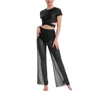 IMEKIS Women's Lyrical Dance Costume Outfit Short Sleeve Tie Back Crop Top and Wide Leg Pants Two Piece Modern Contemporary Dancewear for Stage Performance Black XS
