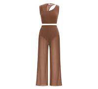 IMEKIS Women's Lyrical Dance Costume Outfit Sleeveless Cutout Crop Top and Wide Leg Pants Two Piece Modern Contemporary Dancewear for Stage Performance Brown L
