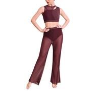 IMEKIS Women's Lyrical Dance Costume Outfit Sleeveless Cutout Crop Top and Wide Leg Pants Two Piece Modern Contemporary Dancewear for Stage Performance Burgundy M