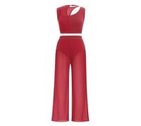 IMEKIS Women's Lyrical Dance Costume Outfit Sleeveless Cutout Crop Top and Wide Leg Pants Two Piece Modern Contemporary Dancewear for Stage Performance Red L