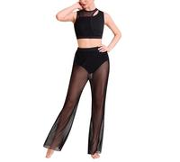 IMEKIS Women's Lyrical Dance Costume Outfit Sleeveless Cutout Crop Top and Wide Leg Pants Two Piece Modern Contemporary Dancewear for Stage Performance Black XS