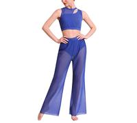 IMEKIS Women's Lyrical Dance Costume Outfit Sleeveless Cutout Crop Top and Wide Leg Pants Two Piece Modern Contemporary Dancewear for Stage Performance Blue XS