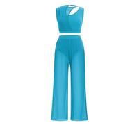 IMEKIS Women's Lyrical Dance Costume Outfit Sleeveless Cutout Crop Top and Wide Leg Pants Two Piece Modern Contemporary Dancewear for Stage Performance Sky Blue S