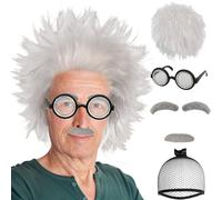 IMEYLE 6 Pieces Wig for Adults + Eyebrows + Beard + Glasses Short and Loose Wig for Crazy Scientist Cosplay Costume 100 Days of School