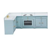 imFreienawn 4Pcs Dollhouse Kitchen Set, Wooden 1/12 Scale Toy Stove Sink Cabinet Cooking Table Set, Dollhouse Furniture Model Decor Realistic Accessory Pretend Play DIY Supplies, Sky-blue Kitchen