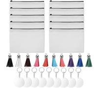 IMIKEYA 10pcs DIY Heat Transfer Canvas Makeup Bag Set with Zipper, Thickened Sublimation Blank Pencil Cases, Round Acrylic Discs, Keychains with Tassels, and Small Rings for Travel and