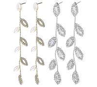 IMIKEYA 2 Pairs Leaf Shape Long Linear Earrings for Women Rhinestone and Pearl Lightweight Dangle Jewelry for Weddings Parties and Everyday Wear for Girlfriends and Mothers
