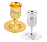 IMIKEYA 2 Sets Judaica Passover Wine Goblet Footed Metal Embossed Chalice Cups with Saucers for Shabbat Havdalah Holiday Table Decoration Elegant Tall Design Festive Ceremony Use