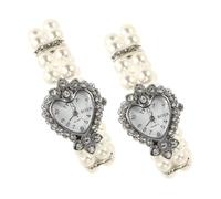 IMIKEYA 2pcs Heart Shaped Women's Analog Quartz Watch Crystal Pearl Bracelet Bling Watches for Women Vintage Jewelry Elegant Wristwatch