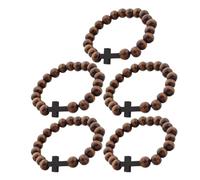 IMIKEYA 5Pcs Wooden Round Bead Cross Bracelets Stretch Religious Christian Prayer Jewelry for Men Women Brown Catholic Wristbands