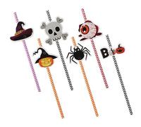 IMIKEYA 6 Packs Halloween Drinking Straws with Colorful Printed Stripes and Spooky Decorations Party Paper Straws with Pumpkin Spider Skull Eyeball Witch Hat Designs Fun Family and