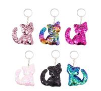 IMIKEYA 6Pcs Sequins Cat Keyring Set with Rose Red and Iridescent Green Colors Sturdy Pendant for Keychain Decor Bag Car Keys Gift for Family and Friends