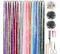 IMIKEYA Hair Tinsel Kit 16 Colors 48 Inch Heat Resistant Hair Extensions with Mixed Laser Glitter Strands and Parties