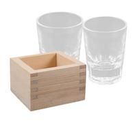 IMIKEYA Japanese Style Sake Cups Glass and Wood Material Solid Easy to Clean with Wood Box Classical Stylish Square Shape for Celebratory Party
