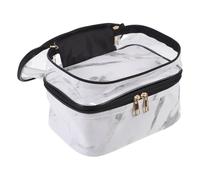 IMIKEYA PVC Double Layer Marble Cosmetic Bag, Large Capacity Travel Toiletry Pouch with Handle, White Portable Makeup Storage Organizer for Women