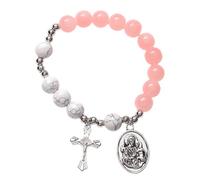 IMIKEYA Rose Quartz and White Crystal Beaded Rosary Bracelet for Women with Cross Pendant, Religious Strand Jewelry Suitable for Holy Communion and Daily Wear