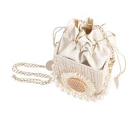 IMIKEYA Straw Woven Purse with Pearl Chain Small Beach Bag with Drawstring for Women Chic Crossbody Handbag for Summer Outfits and Daily Use