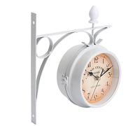 IMIKEYA Wall Hanging Double Sided Clock Antique Clock European Style Wrought Iron Station Wall with Side Mount for Indoor Outdoor White
