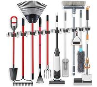 IMILLET 2 Pack Wall Mount Broom Holder Stainless Steel 5 Racks with 4 Hooks Broom Organizer Self Adhesive Heavy Duty Laundry Room, Garage Organization Storage