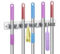 IMILLET Broom Holder Wall Mount, Wood Broom Holder with 5 Racks and 4 Hooks Broom Organizer, Laundry Room Organization and Storage, Mop Hanger for Home Organization, Garden, Garage, Closet (White)