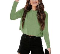 Imily Bela Long Sleeve Women's Cropped T Shirts Casual Loose Crew Neck Crop Tops Basic Tees Shirts., Army Green, M
