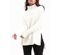 Imily Bela Women's Oversized Turtleneck Jumper, Long Sleeve Tunic Jumper, Loose Fit Winter Sweater, Ribbed Knit Jumper with Side Slit, White, S