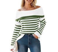 Imily Bela Women's Striped Pullover Off Shoulder Top with U-Boat Turn-Down Collar, Army Green, S