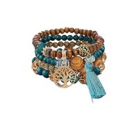 IMINI 4 Pcs Boho Stackable Bracelets for Women Men Set Stretch Multilayer Stack Beads Colorful Beaded Charm Tree of Life Handmade Tassels Jewelry Hippie Bracelets Dainty Best Friend Gift (Blue)