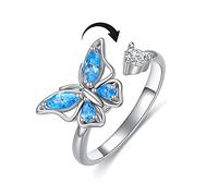 IMINI Blue Cubic Zirconia Butterfly Spinner Fidget Ring for Women Girls Anxiety Rotate Freely Inspirations Jewelry Calming Worry Meditation Adjustable Stacking Middle Finger Ring Girlfriend Birthday