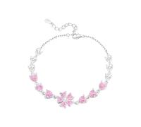 IMINI Cherry Blossom Crystal Bracelet, Silver Plated with Pink Heart CZ - 14+5cm Adjustable Dainty Flower Jewellery, Sakura Petal Floral Romantic Gift for Women & Lovers