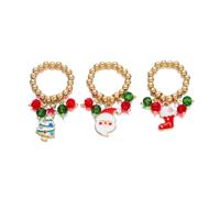 IMINI Christmas Beaded Stretch Rings for Women Gold-tone 3Pcs Set | Expandable Elastic Band, Enamel Santa Reindeer Tree Gift Box Jingle Bells Charms, Xmas Holiday Party Stackable Jewellery