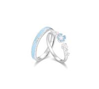 IMINI Crystal Camellia Flower S925 Sterling Silver Couple Rings for Him&Her | Glow-in-the-dark Blue Enamel Matching Ring Set, Adjustable Anniversary Promise Wedding Band Jewellery Gift for Women Men