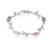 IMINI Crystal Flower Leaf Tennis Bracelet for Women, Gold-Tone/Silver Plated - Colorful Oval & Marquise CZ Floral Vine Bangle, Stackable Wedding Bridal Prom Jewellery for Her, 19cm (Silver)