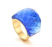 IMINI Crystal Glass Stainless Steel Band Gold-toned Plated Fashion Exaggerated CZ Rings Women's Stunning Large Statement Rhinestone Bands Cocktail Party Ring for Ladies Birthday (Blue, US6=L 1/2)