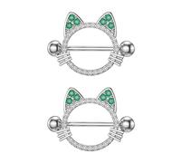 IMINI Cute 14G Cat Rhinestone Nipple Rings Barbells - Hypoallergenic Stainless Steel Body Piercing Jewellery with Clear CZ & Green Gems, Symmetrical Gift Set (2.85cm, 6.5g)