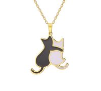 IMINI Cute Cat Couple Pendant Necklace - Black and White Enamel Kitten Hug Charm Adjustable Stainless Steel Chain, Meaningful Pet Lover Jewellery Gifts for Women, Mother, Valentine (Gold)