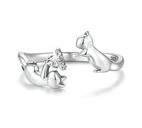 IMINI Cute Cat with Love Heart Open Statement Ring 925 Sterling Silver CZ Crystal Couples Pet Cats Promise Enagement Rings Stacking Finger Band Dainty Jewelry Gifts for Women Girls BFF