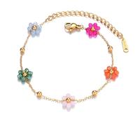 IMINI Daisy Flower Bracelet for Women Girls 18K Gold Plated Stainless Steel Cute Colourful Flowers Adjustable Link Chain Bracelets Boho Beach Holiday Jewellery