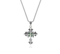 IMINI Double-Layer Cross Necklace, Vintage Green CZ Crystal Crucifix Pendant - 60cm Stainless Steel Chain, Antique Religious Jewellery Gift for Men & Women, Easter