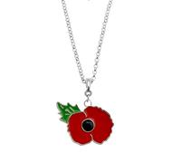 IMINI Enamel Poppy Pendant Necklace - Red Floral Memorial Jewellery with Green Leaf, Adjustable Chain 40+7.5 cm for Women, Remembrance Day Thoughtful Gift
