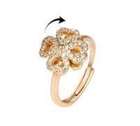 IMINI Four-Leaf Clover Spinner Open Ring, Silver Plated CZ Crystal Rotating Anxiety Fidget Band for Relief - Adjustable Stacking Flower Calming Jewellery Gift for Women (Gold)