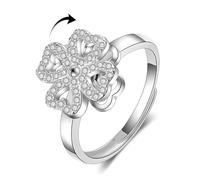 IMINI Four-Leaf Clover Spinner Open Ring, Silver Plated CZ Crystal Rotating Anxiety Fidget Band for Relief - Adjustable Stacking Flower Calming Jewellery Gift for Women (Silver)